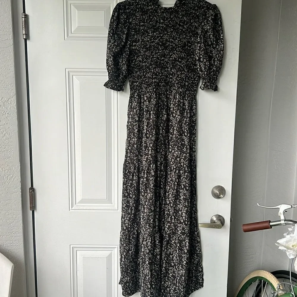 Spring Crew Neck Ruffle Short Sleeve Floral Print Smocked Boho Flowy Maxi Dress